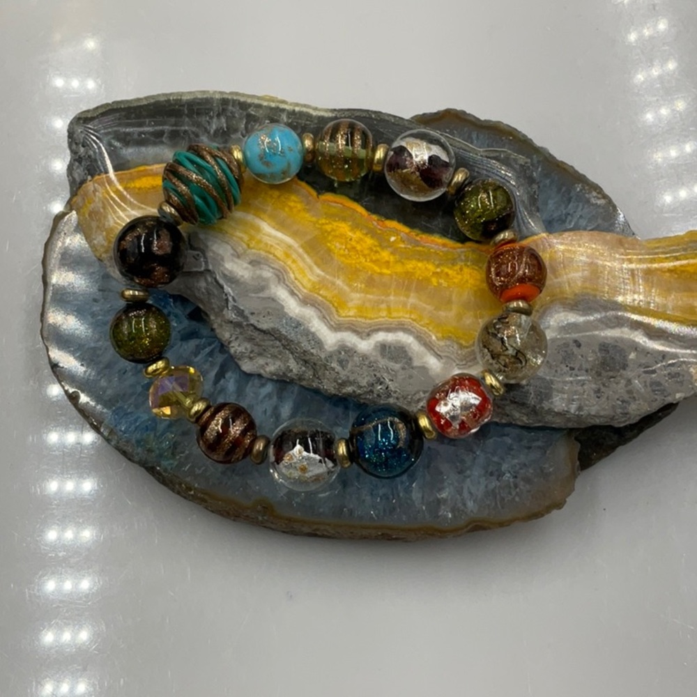 8” Fancy Murano Multicolor Glass Bead Stretch Bracelet - Picture 6 of 6